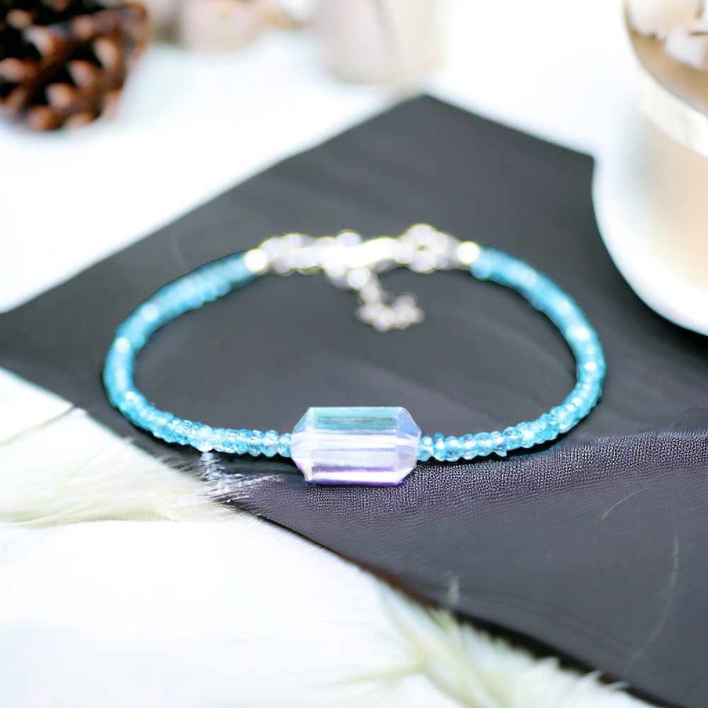 Natural Swiss Blue Topaz and Rainbow Quartz Bracelet in Sterling Silver 925